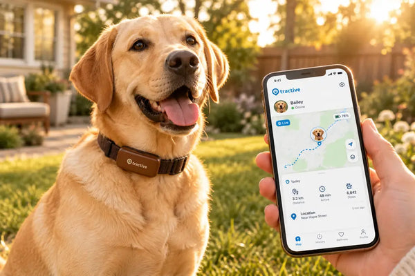 Tractive dog GPS tracker on Labrador collar with live tracking app shown on smartphone in USA backyard — PawVortex