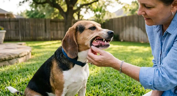 Checking dog’s gum color for health assessment, pink healthy gums