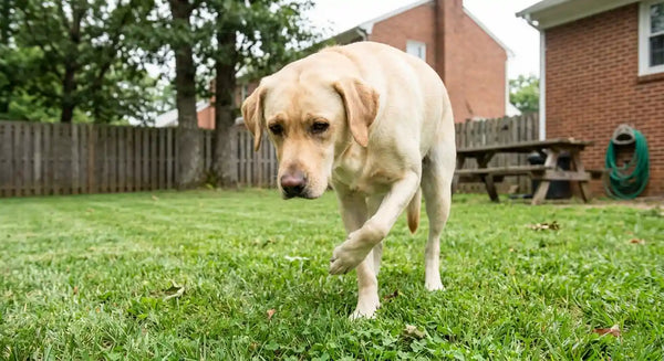 Labrador standing in grass holding up front paw, showing non-weight-bearing limp.
