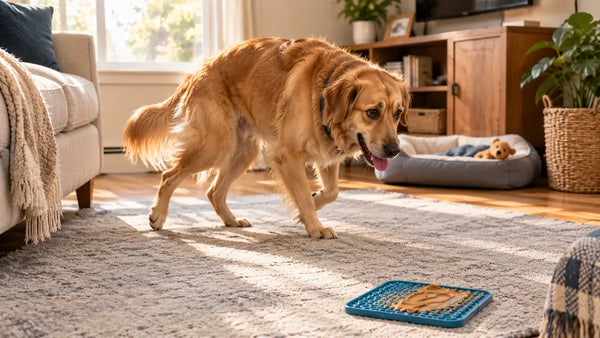 Pacing anxious dog next to a PawVortex lick mat in an American home setting | PawVortex