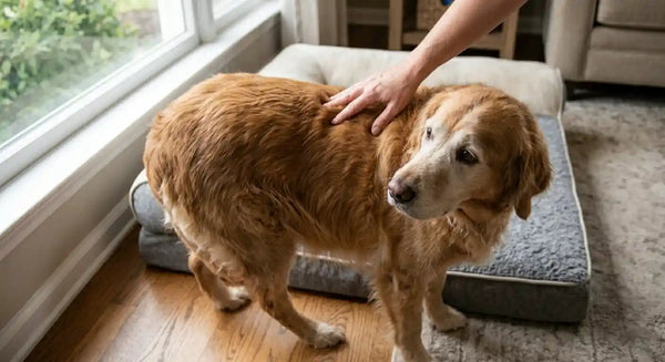 Owner gently palpating dog's back as dog flinches, showing pain response.