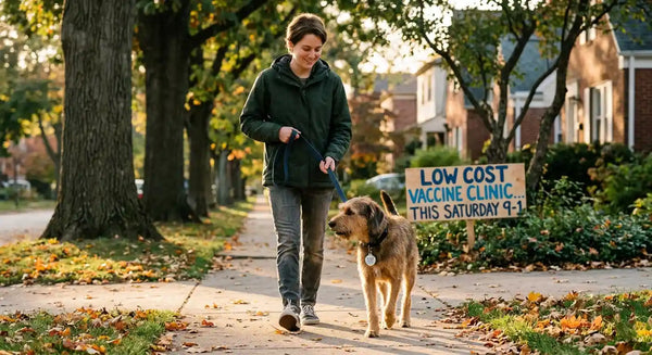 Dog with rabies vaccine tag on collar walking owner near low-cost vaccine clinic | PawVortex
