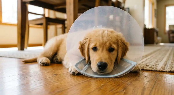 Golden Retriever puppy wearing a recovery cone after spay or neuter surgery.