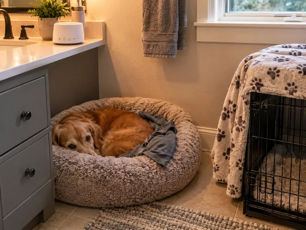 Dog safe space with calming bed and white noise machine for thunderstorm anxiety — PawVortex USA