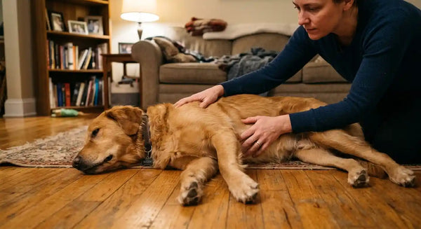Pet owner's hands calmly steadying a dog lying on its side during a seizure episode at home