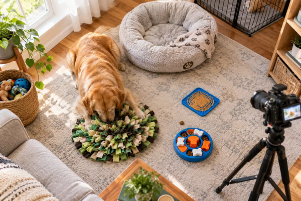Dog-proofed room with calming bed, snuffle mat, lick mat, and puzzle toy for separation anxiety training — PawVortex
