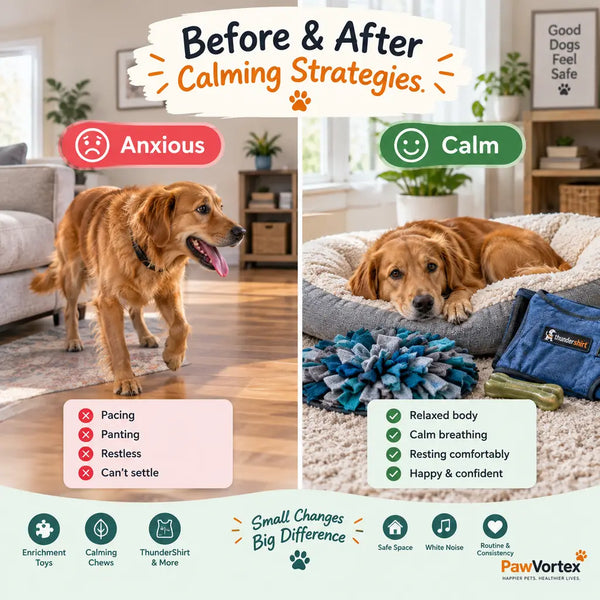 Before and after comparison of dog thunderstorm anxiety management with PawVortex calming products — USA