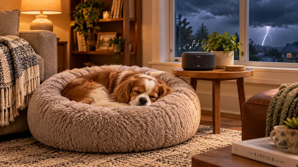Small dog sleeping peacefully in a PawVortex calming donut bed during a storm while soft music plays