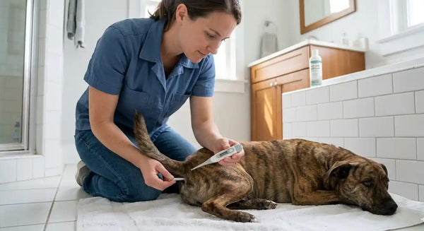 Taking dog’s temperature with a digital rectal thermometer at home