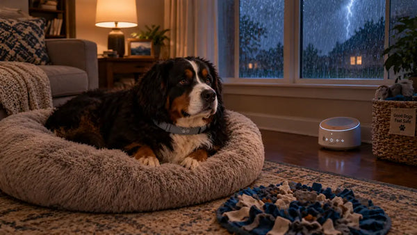 Large fluffy dog resting in a calming bed with PawVortex collar during a USA thunderstorm.