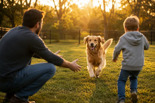 Family playing with a well-trained dog in a park.