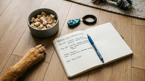 Dog training tools notebook and treats for managing barking behavior
