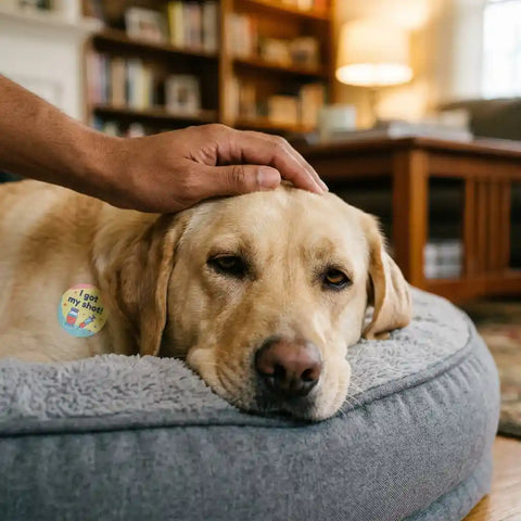 Dog with rabies vaccine tag on collar walking owner near low-cost vaccine clinic | PawVortex