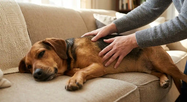 Hands demonstrating how to check healthy dog weight by feeling ribs during home exam
