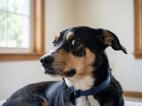 A dog displaying whale eye — visible white sclera crescent — a key dog stress signal indicating significant discomfort