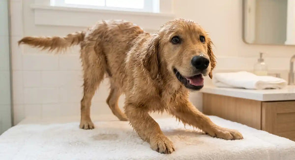 Wet golden retriever in play bow position after bath