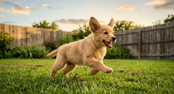 Golden retriever puppy running fast with zoomies in backyard