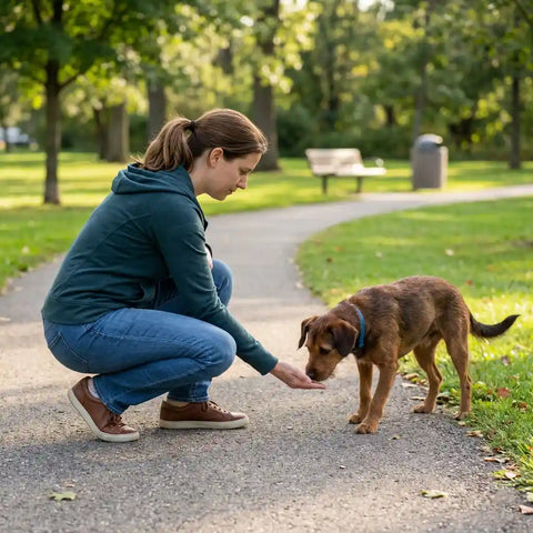 Two dogs in a US backyard showing healthy play body language — play bow posture and loose open-mouthed expressions