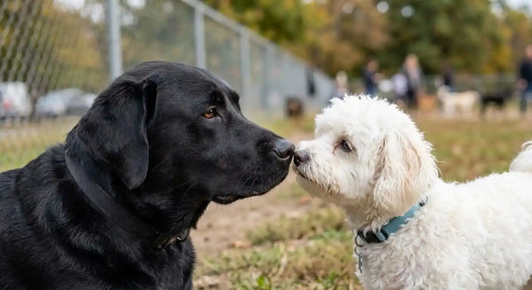 Two dogs sniffing each other's faces as a greeting at a dog park