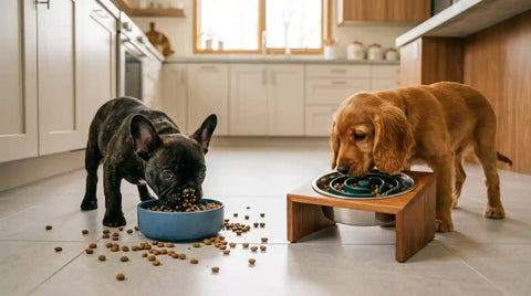 Comparison of standard bowl vs elevated slow feeder for puppies in USA home setting | PawVortex