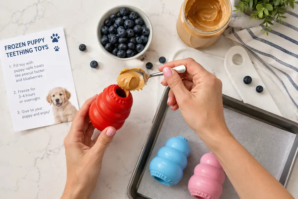 Homemade frozen puppy teething toy setup with peanut butter-filled rubber toy on a kitchen counter — PawVortex teething relief guide for USA pet parents