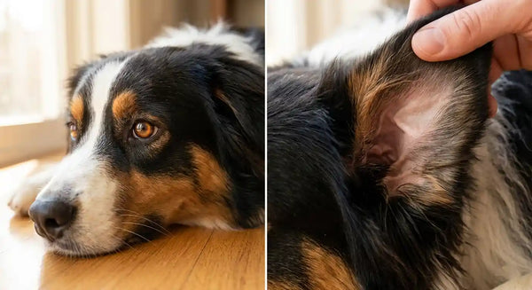 Close up of healthy dog eye and clean ear interior showing what to look for during at-home check