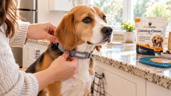 USA pet parent fitting a PawVortex pheromone calming collar on a beagle in a bright kitchen.