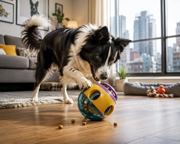 Border Collie playing with an interactive treat-dispensing toy in an apartment for dog mental stimulation.