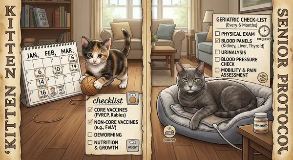 Comparison of kitten and senior cat vaccination needs, Paw Vortex age-based schedule guide
