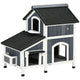 Studio product shot of the PawVortex luxury 2-story wooden outdoor cat house with a grey and white finish on a white background.