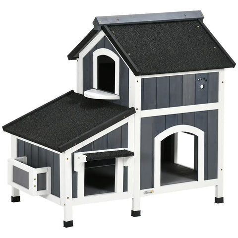 Studio product shot of the PawVortex luxury 2-story wooden outdoor cat house with a grey and white finish on a white background.