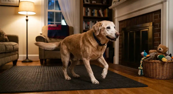 Senior labrador retriever with gray face having gentle zoomies on rubber mat