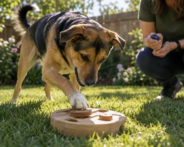 Dog engaging with a puzzle toy as operant conditioning training.