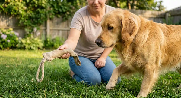 Dog owner redirecting their dog away from lawn grass with a toy — illustrating safe management of grass-eating behavior