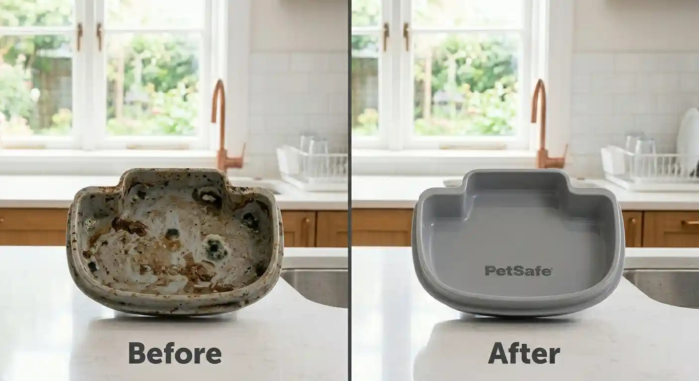 Before and after comparison of dirty vs clean automatic pet feeder bowl — PawVortex pet feeder sanitizing guide