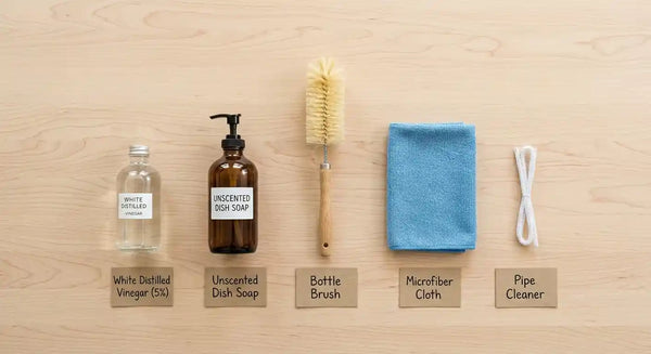 Essential supplies for cleaning automatic pet feeder — vinegar, brush, and unscented soap kit from PawVortex USA