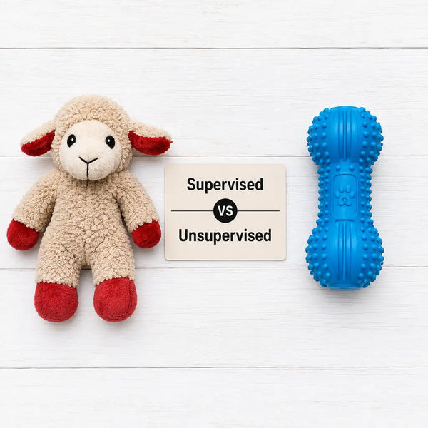 Flat-lay comparison of soft plush lamb chop toy versus durable blue rubber chew toy for puppies — PawVortex safety guide for USA pet parents