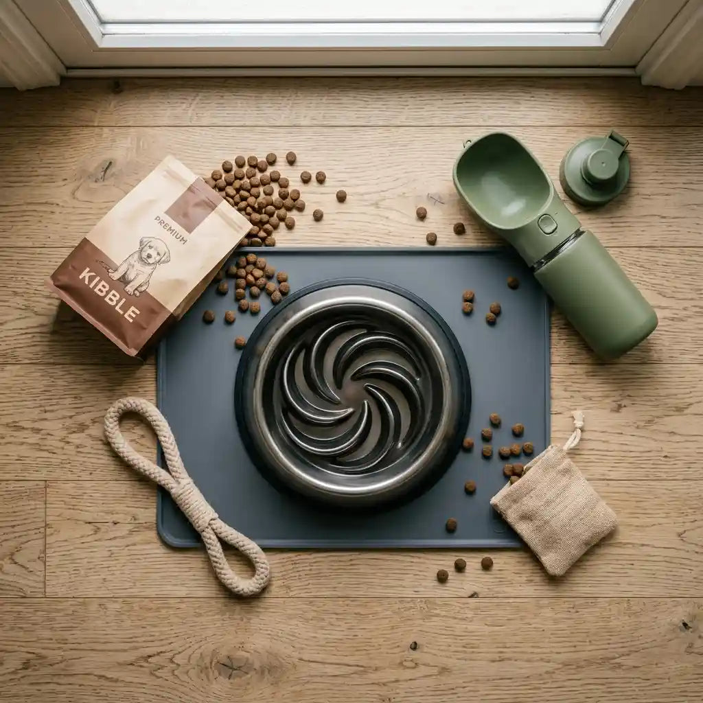 Flat lay of essential puppy feeding supplies including slow feeder bowl and portable water bottle | PawVortex