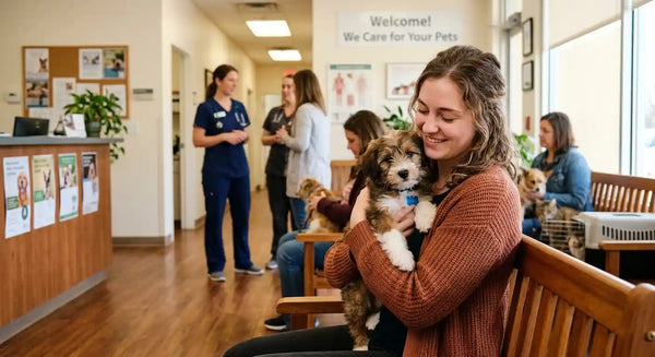 Puppy owner holding young dog during first veterinary visit