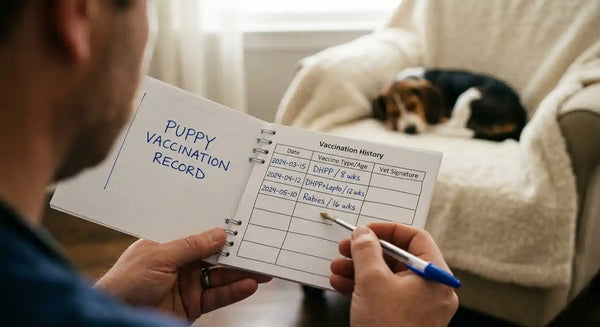 Handwritten puppy vaccination schedule chart showing 8-12-16 week shot dates | PawVortex