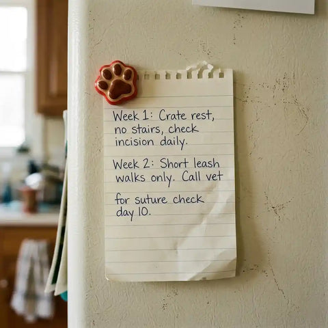 Handwritten pet recovery checklist pinned to a refrigerator with a paw magnet.