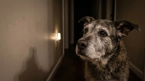 Senior dog staring at blank wall at night possible cognitive decline