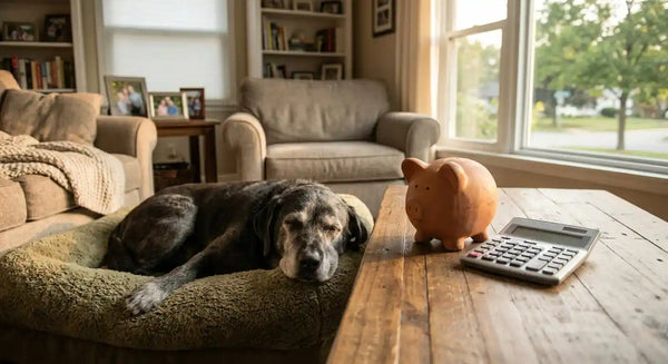 Labrador lying next to piggy bank and calculator representing pet insurance cost decision