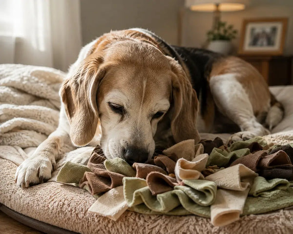 Senior Beagle using a snuffle mat for low-energy enrichment activities on a cozy dog bed.
