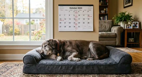 Senior Labrador resting at home with six-month vet visit calendar reminder