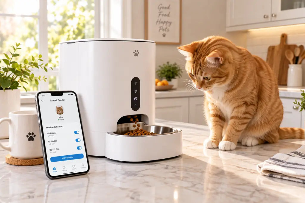 Smart pet feeder dispensing food for cat in modern USA kitchen with app control on smartphone — PawVortex
