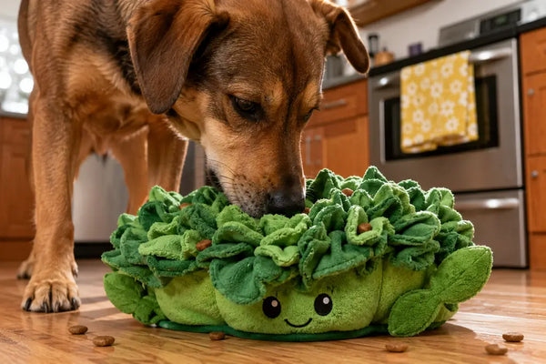 Dog sniffing broccoli puzzle toy for mental stimulation Paw Vortex