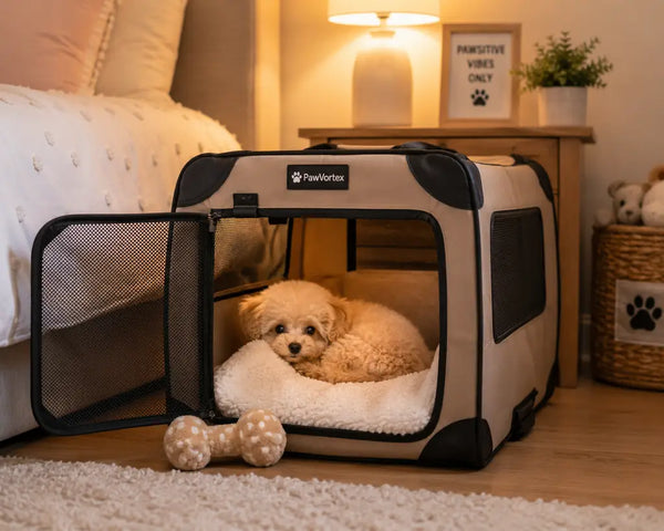 Content teacup poodle puppy resting inside an open soft-sided crate with a blanket, illustrating safe crate training from PawVortex.