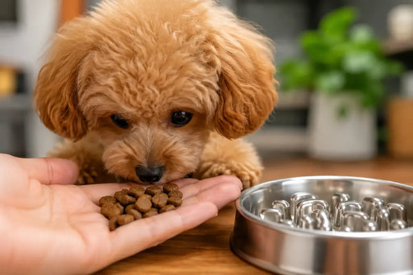 Teacup poodle sniffing high-quality kibble in a human hand next to a slow feeder bowl in a USA kitchen