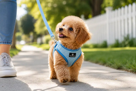 Teacup poodle puppy wearing a blue harness and leash, learning to walk politely on a suburban American sidewalk with PawVortex.